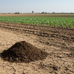 A Pile of Rich Dark Soil on Dry Cracked Earth in a Farmland Field, Under a Clear Sunny Sky