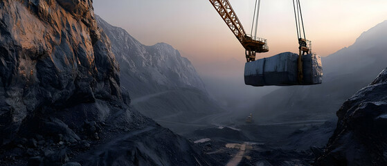 Mining Crane Lifting Heavy Load In Mountain Quarry Landscape