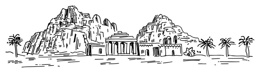 Obraz premium ancient rock city with temple ruins and palm trees