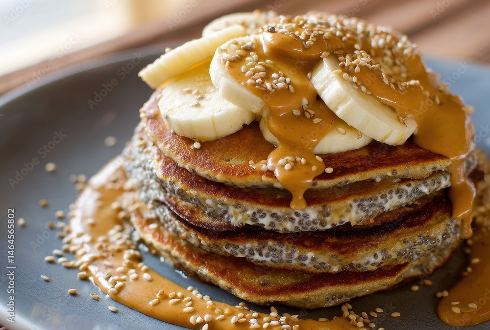 Poster delicious stack of pancakes topped with banana slices and drizzled with creamy peanut butter and spr