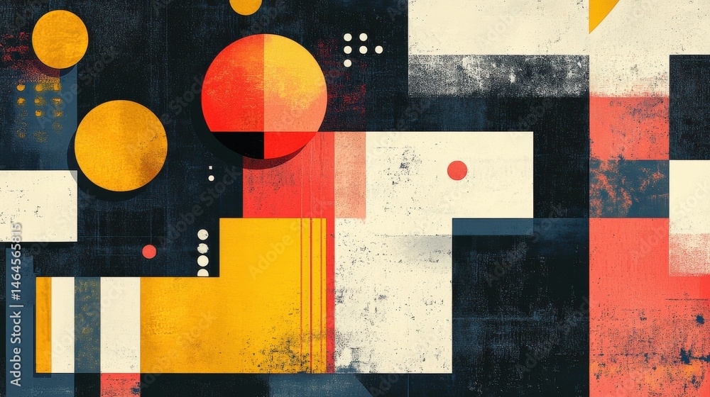 Poster a modern cubist scene with layered textures, angular shapes, and a vibrant, bold color scheme