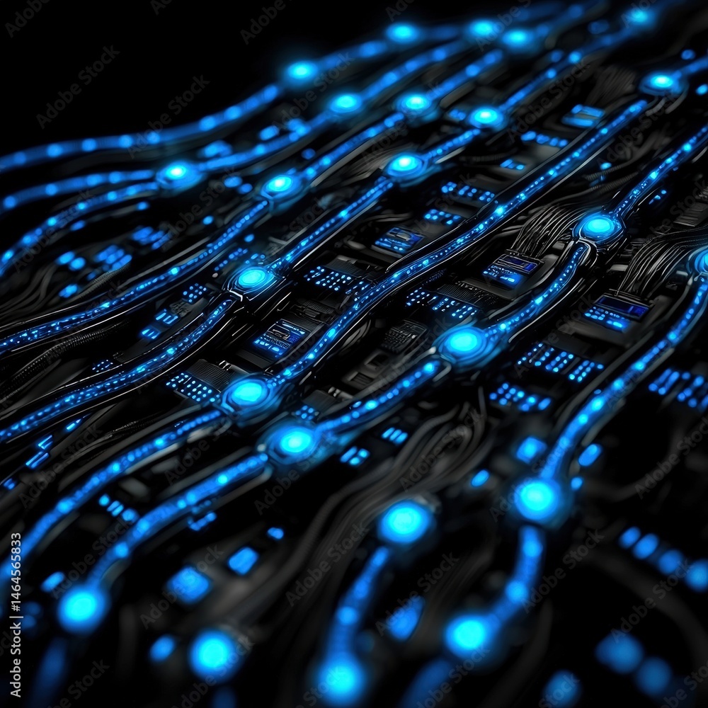 Poster close-up view of a computer circuit board illuminated with striking blue lights and components