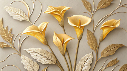 A beautiful, detailed image of golden calla lilies and leaves arranged on a light beige background.
