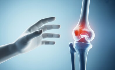 Hand reaching towards a knee joint with pain highlighted in red.