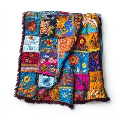 Bohemian patchwork quilt isolated on white background. 