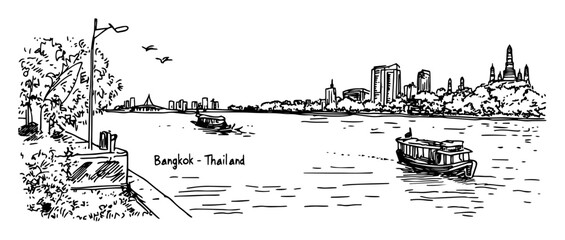 Naklejka premium bangkok river cityscape with boats and skyline vector black doodle sketch