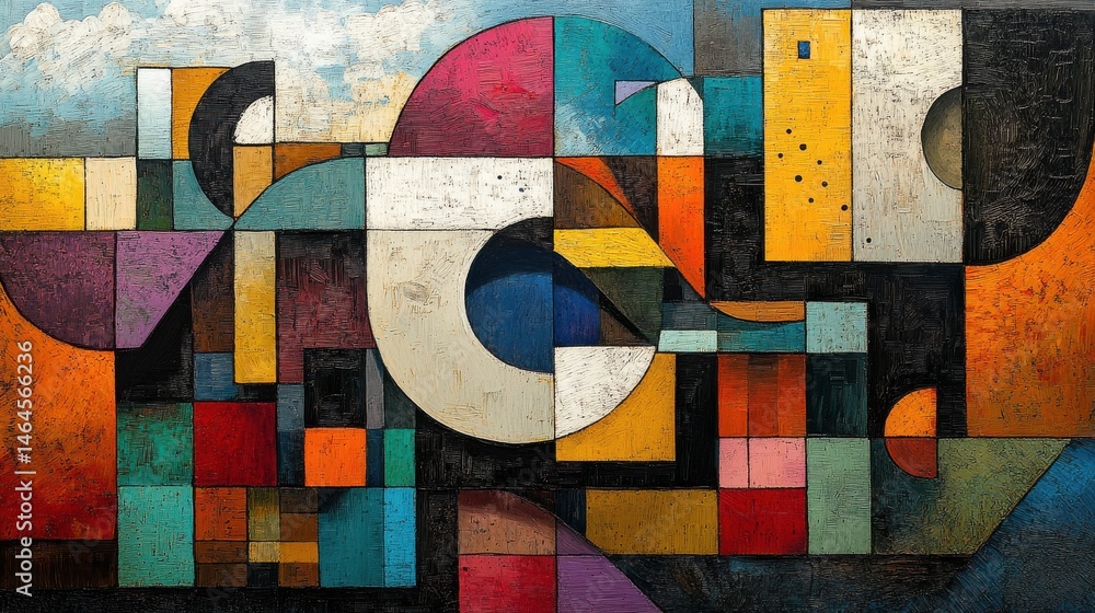 Poster a modern cubist scene with layered textures, angular shapes, and a vibrant, bold color scheme