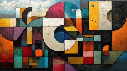 A modern Cubist scene with layered textures, angular shapes, and a vibrant, bold color scheme