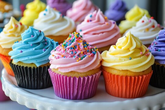 Rainbow cupcakes with sugar sprinkles