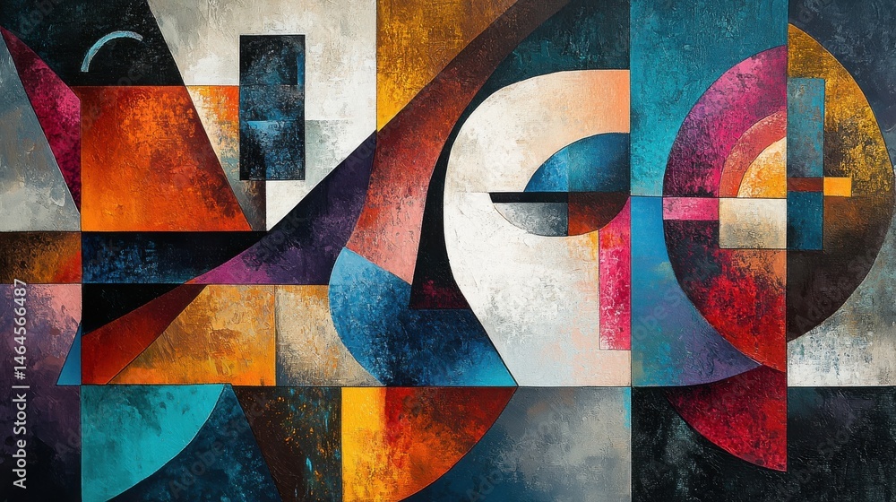 Poster a modern cubist scene with layered textures, angular shapes, and a vibrant, bold color scheme