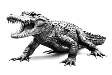 Fototapeta premium Pencil drawing of an angry, fierce and vicious crocodile, showing its fangs from a side view, white background