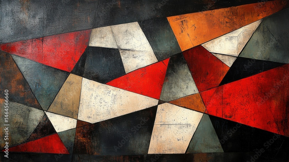 Poster a modern cubist abstract featuring sharp, intersecting lines and textured geometric forms