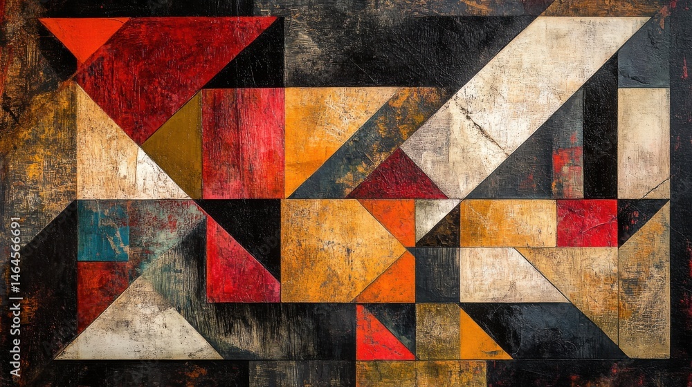 Poster a modern cubist abstract featuring sharp, intersecting lines and textured geometric forms