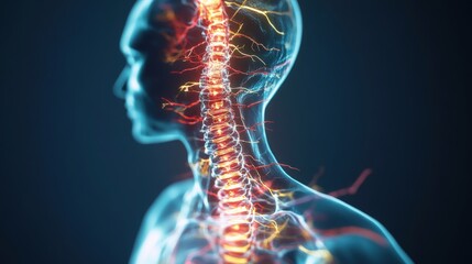 Detailed digital illustration of the human cervical spine with nerves highlighted, showcasing the nervous system and spinal cord anatomy in a realistic style