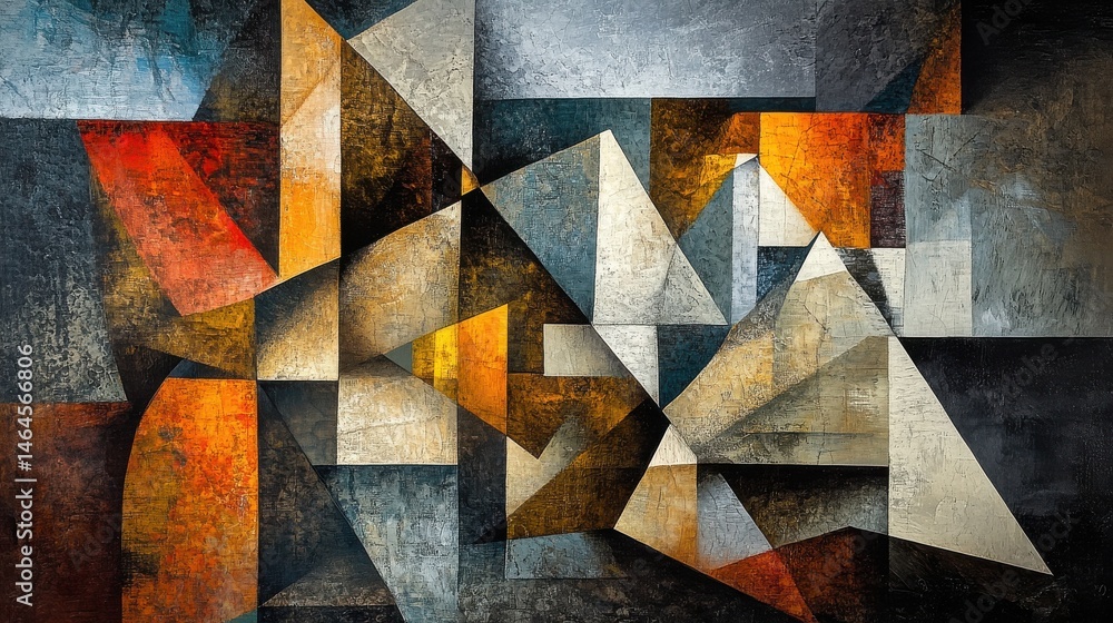 Poster a modern cubist abstract featuring sharp, intersecting lines and textured geometric forms