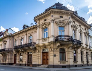 Obraz premium Elegant Old European Building. A beautiful antique building with ornate details and balconies under a bright sky.