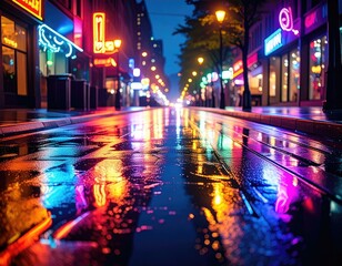 Vibrant city street at night, rain reflecting neon lights on wet pavement.