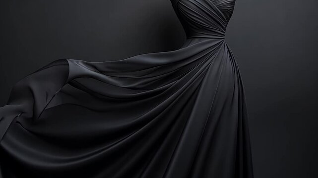 Elegant black dress on a mannequin against a dark background. The dress has a pleated bodice and a flowing skirt. Studio lighting creates a dramatic effect