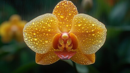 Close-up of a vibrant, golden orchid, glistening with dew drops