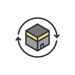Abstract conceptual icon of the Kaaba with circular arrows on black