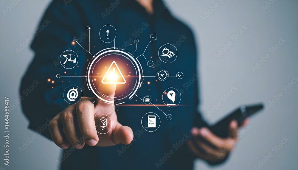 Aufkleber person interacting with a holographic interface displaying warning signs and various tech icons, sym