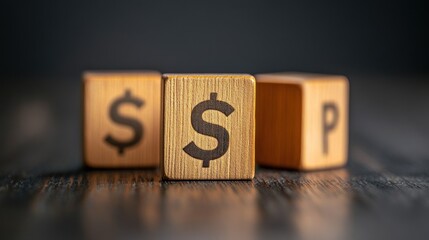 Wooden Cubes with Dollar Signs and 'P' Symbol: Concept of Finance and Profit
