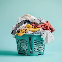 Pile Of Clothes In Turquoise Laundry Basket On Turquoise Background
