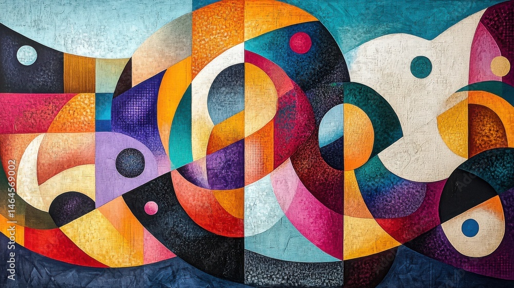 Poster a modern abstract cubist scene with fragmented patterns and a playful use of shapes
