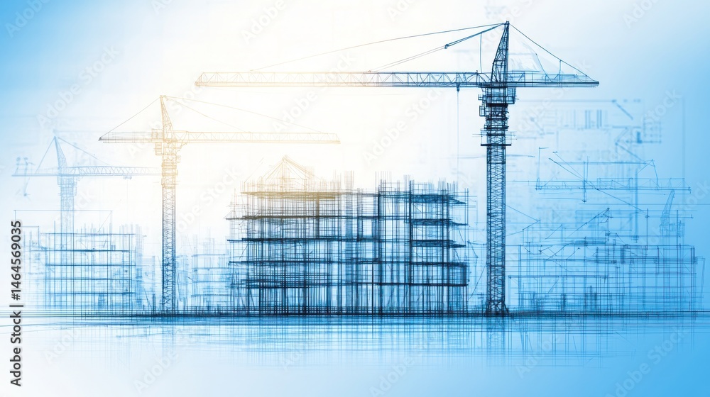 Poster construction site building crane cityscape architecture blueprint progress development