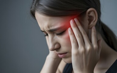 Fototapeta premium Woman with headache touching head, migraine pain concept.