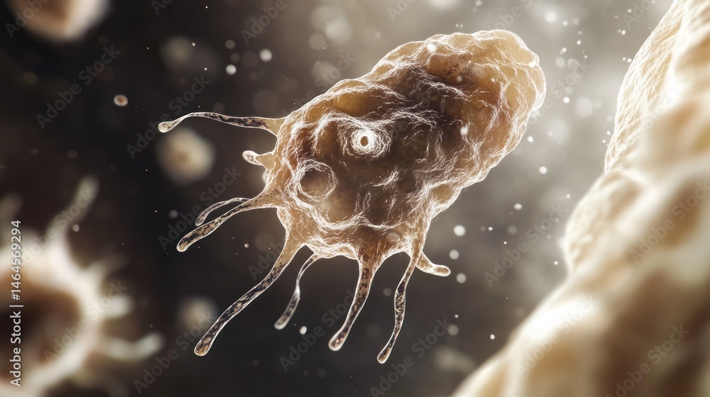 Poster microscopic view of an amoeba: cellular structure and details