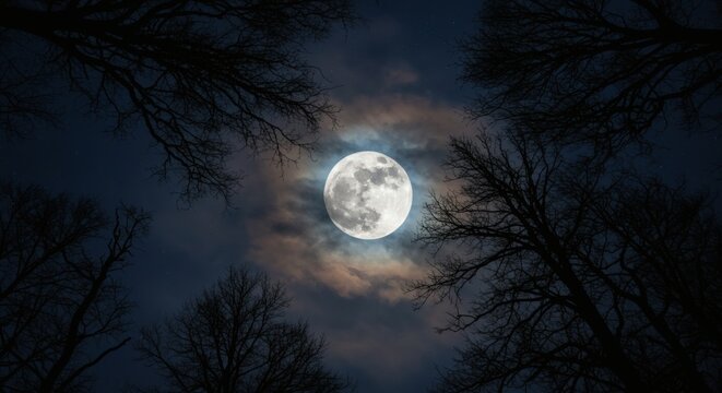 AI image Luminous full moon framed by silhouetted bare tree branches against a starry night sky with a cloudy halo.