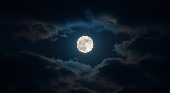 AI image Bright full moon shines intensely through dramatic dark clouds in the deep night sky, creating a mystical scene.