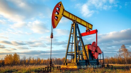 A large oil pump in a golden autumn field under a partly cloudy sky.