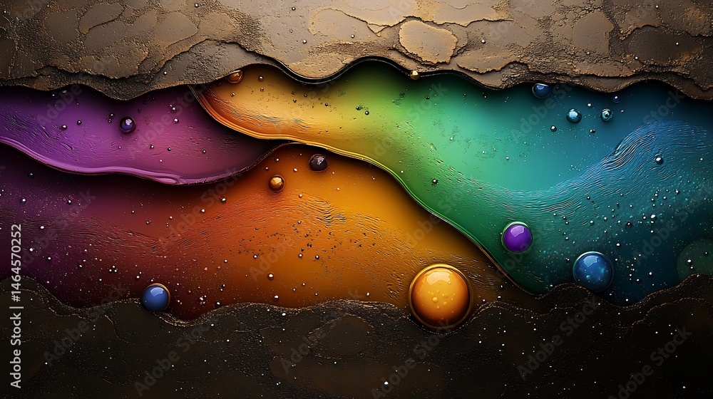 Poster abstract liquid design with colorful layers and embedded spheres