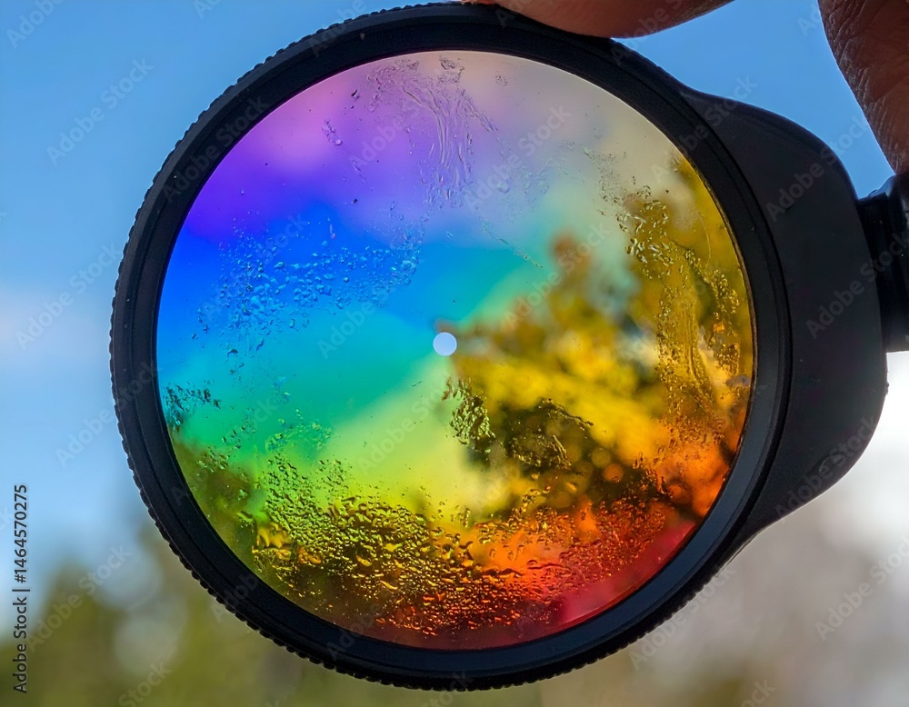 Poster close-up of a rainbow-colored filter lens with water droplets, creating an abstract image.