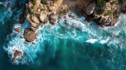Aerial view of rocky coastline with crashing blue waves and gray rocks in natural landscape.