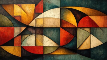 A harmonious Cubist design with layered geometric shapes in vibrant and muted tones