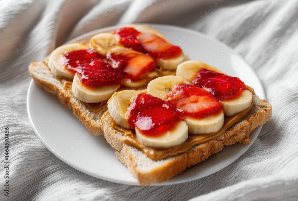 Poster Fresh Bread with Slices of Banana and Strawberries Topped with Strawberry Jam and Peanut Butter on a White Plate with Gray Textured Background