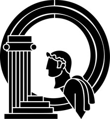  Classical Figure with Column and Circular Motif: Black and White Art