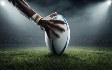Hand holding a rugby ball on the grass field in the stadium.
