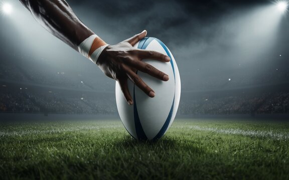 Hand holding a rugby ball on the grass field in the stadium. - Powered by Adobe