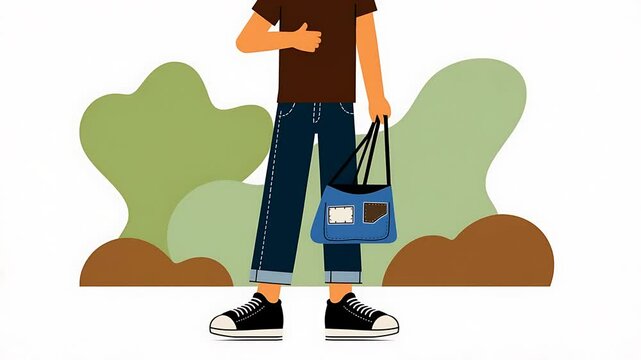 Man Carrying Reusable Tote Bag in Simple Illustration Style