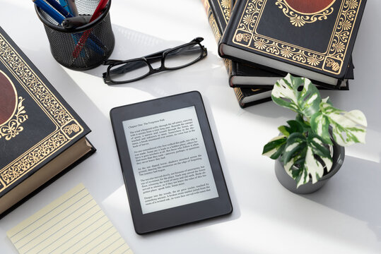 E-book reader device in home library