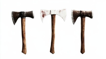 This image presents three distinctive axes each featuring unique designs and varying states of wear, emphasizing craftsmanship and the artistry of handmade tools.