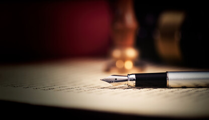Fototapeta na wymiar Fountain pen on desk. Notary public