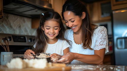 Fototapeta premium Happy Mother and Daughter Baking Together in a Kitchen