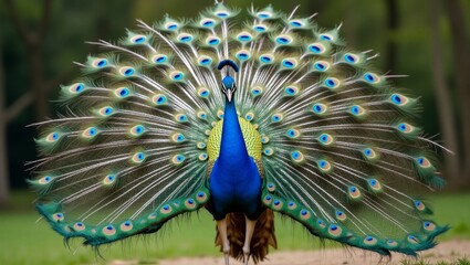 Obraz premium gorgerous peacock with huge widely unfolded tail, front view