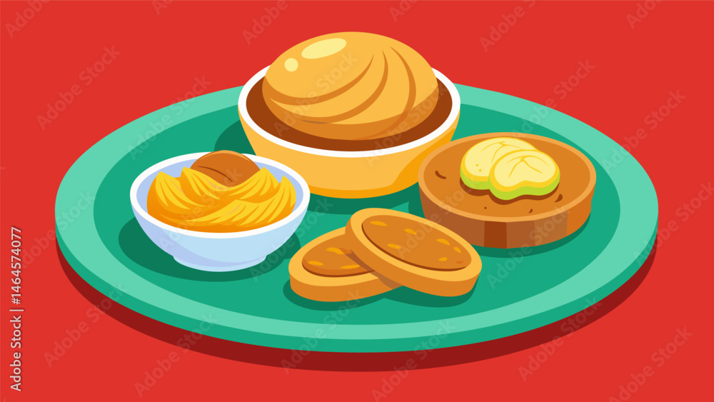 Poster a colorful platter of smooth velvety nut butters accompanied by crisp buttery crackers.. vector illu