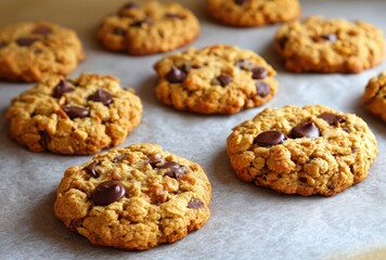 Freshly Baked Chocolate Chip Cookies on Parchment Paper with Oats and Nuts Perfect for Dessert Lovers and Homemade Treat Enthusiasts
